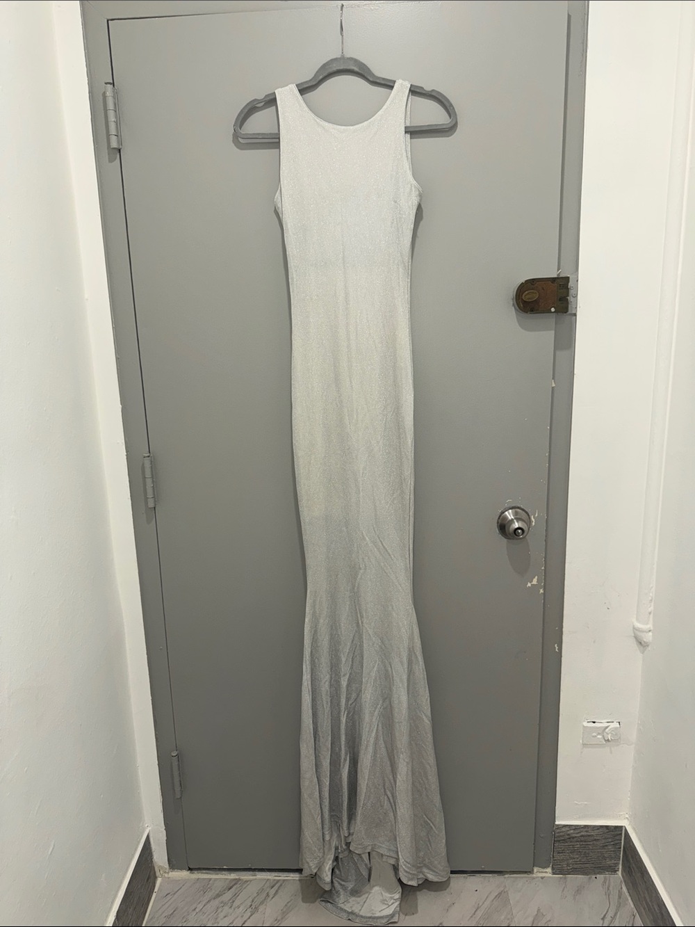 Worn twice Silver Sleeveless Maxi Dress with Mermaid Hem